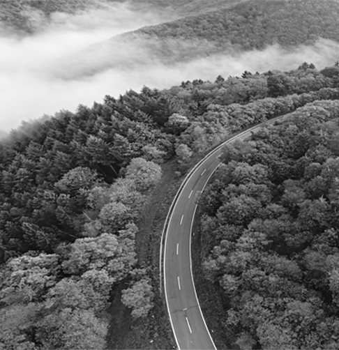 Vue aérienne d’une route serpentant une forêt montagneuse. 